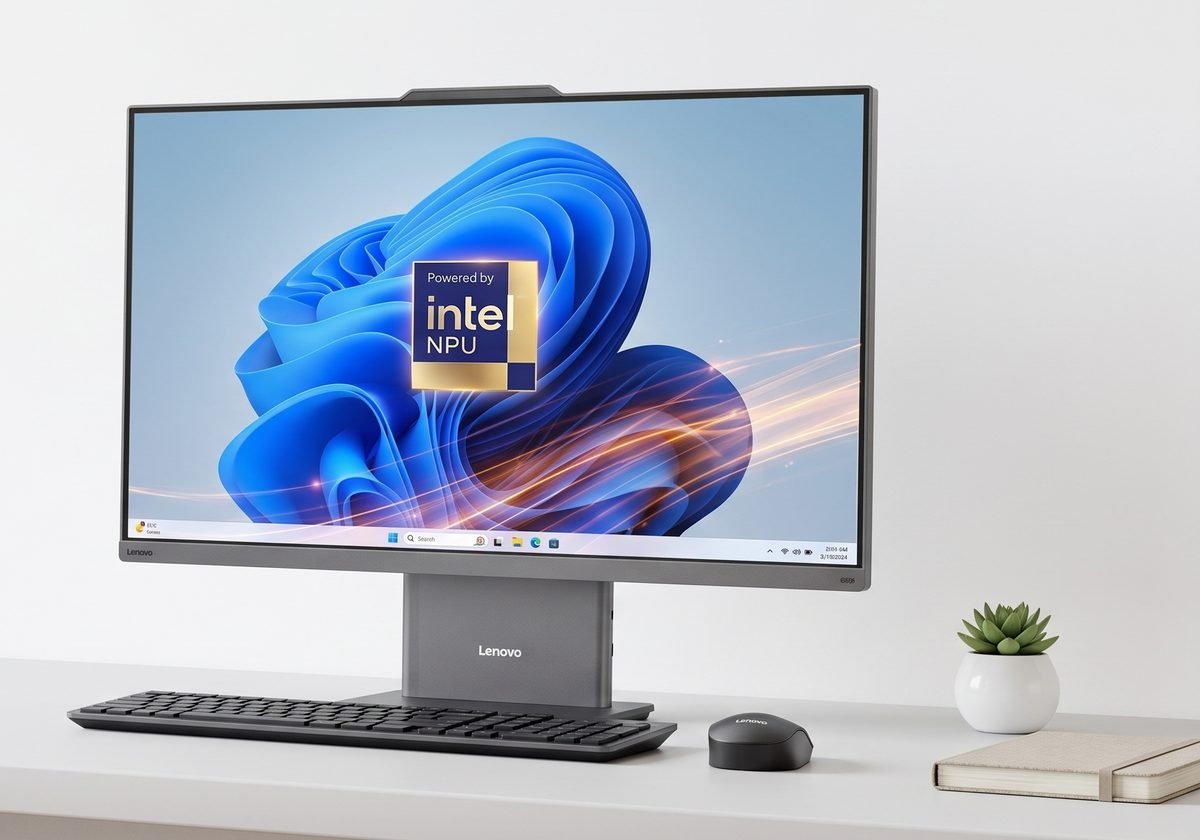 Lenovo ThinkCentre neo 50a Gen 6 dengan Intel NPU di meja kerja kantor